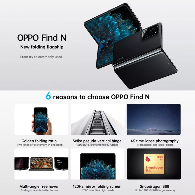 Triple Rear Cameras, Face ID & Side Fingerprint Identification, 7.1 inch + 5.49 inch Screen, ColorOS 12 Qualcomm Snapdragon 888 Octa Core up to 2.84Ghz, Support Google Play, 8GB+256GB