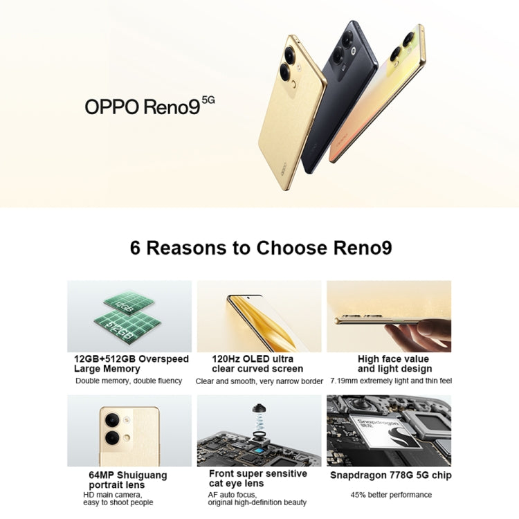 Dual Back Cameras, 6.7 inch ColorOS 13 / Android 13 Qualcomm Snapdragon 778G 5G Octa Core up to 2.4Ghz, Network: 5G, Support Google Play, Reno9 12GB+512GB, 12GB+512GB