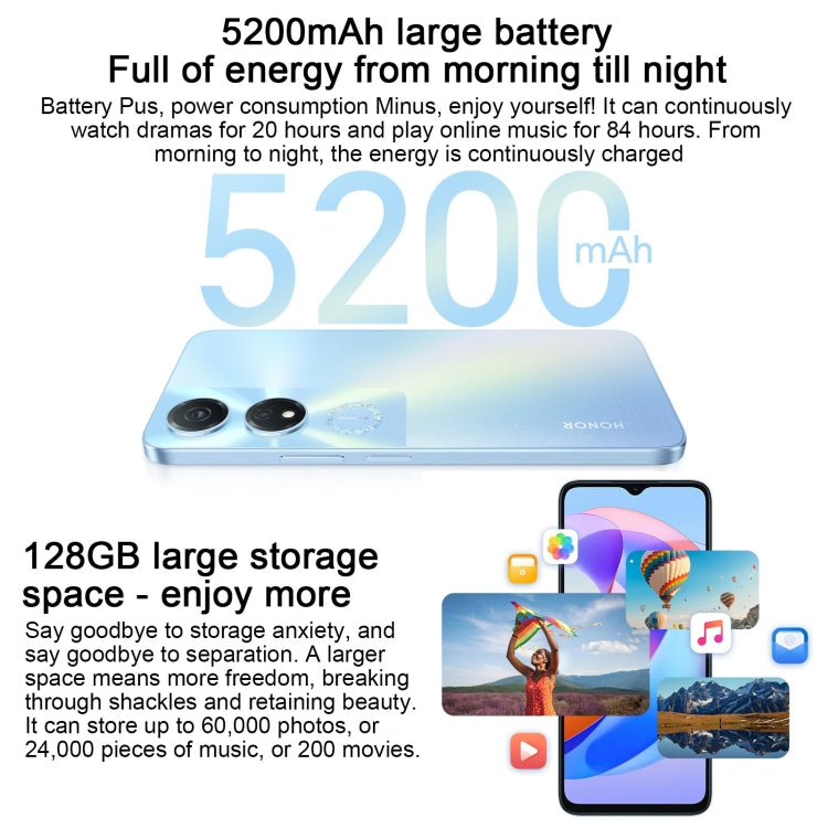 Face ID & Side Fingerprint Identification, 5200mAh, 6.56 inch MagicOS 7.1 / Android 13 Qualcomm Snapdragon 480 Plus Octa Core up to 2.2GHz, Network: 5G, Not Support Google Play, 8GB+128GB