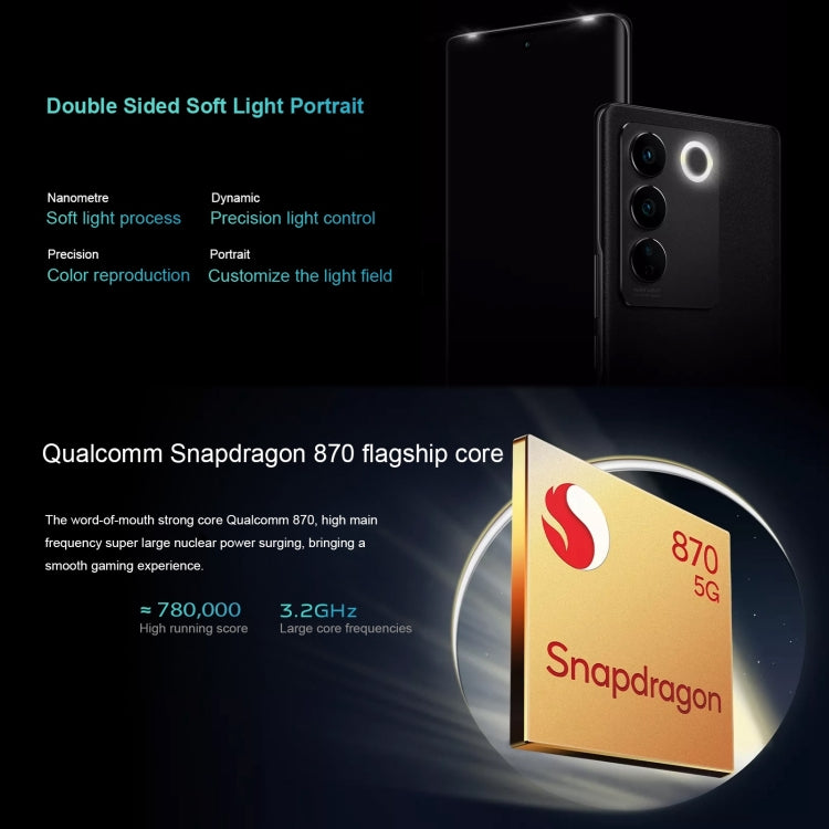 Triple Back Cameras, Srceen Fingerprint Identification, 4600mAh Battery, 6.78 inch Android 13 OriginOS 3 Qualcomm Snapdragon 870 Octa Core up to 3.2GHz, OTG, NFC, Network: 5G, 12GB+512GB