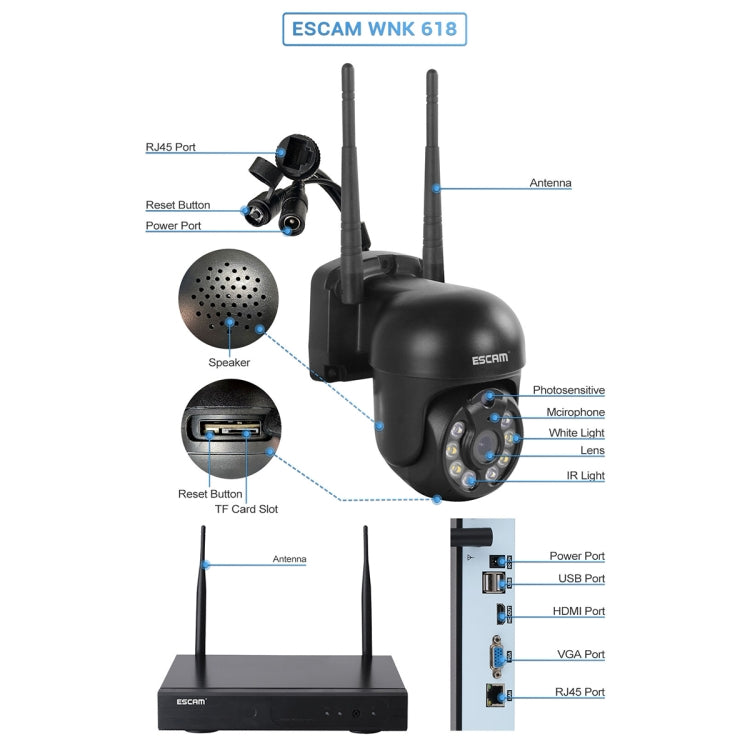 ESCAM WNK618 3.0 Million Pixels 8-channel Wireless Dome Camera HD NVR Security System, Support Motion Detection & Two-way Audio & Full-color Night Vision & TF Card, EU Plug, WNK618