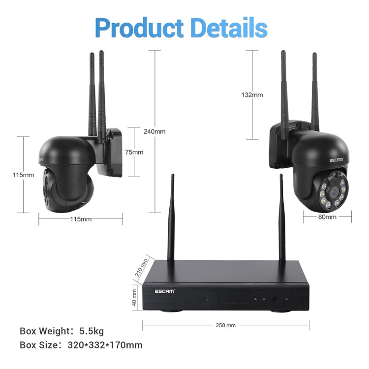 ESCAM WNK618 3.0 Million Pixels 8-channel Wireless Dome Camera HD NVR Security System, Support Motion Detection & Two-way Audio & Full-color Night Vision & TF Card, EU Plug, WNK618