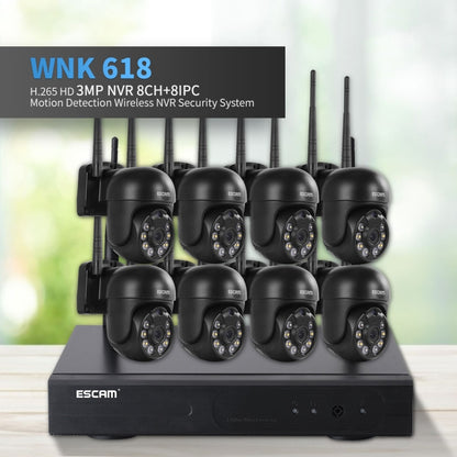 ESCAM WNK618 3.0 Million Pixels 8-channel Wireless Dome Camera HD NVR Security System, Support Motion Detection & Two-way Audio & Full-color Night Vision & TF Card, EU Plug, WNK618