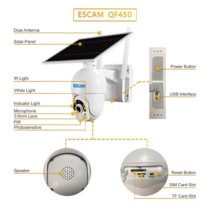 ESCAM QF450 HD 1080P 4G EU Version Solar Powered IP Camera without Memory, Support Two-way Audio & PIR Motion Detection & Night Vision & TF Card, without Memory