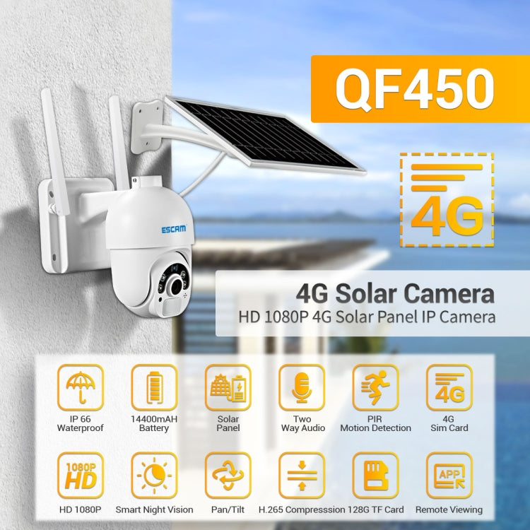 ESCAM QF450 HD 1080P 4G EU Version Solar Powered IP Camera with 64G Memory, Support Two-way Audio & PIR Motion Detection & Night Vision & TF Card, with 64G Memory