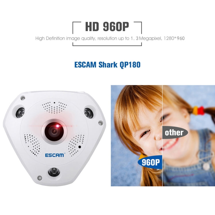 ESCAM Shark QP180 960P 360 Degrees Fisheye Lens 1.3MP WiFi IP Camera, Support Motion Detection / Night Vision, IR Distance: 10m, QP180