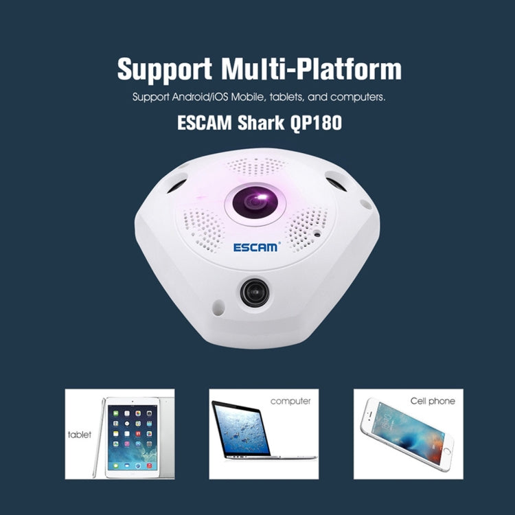 ESCAM Shark QP180 960P 360 Degrees Fisheye Lens 1.3MP WiFi IP Camera, Support Motion Detection / Night Vision, IR Distance: 10m, QP180