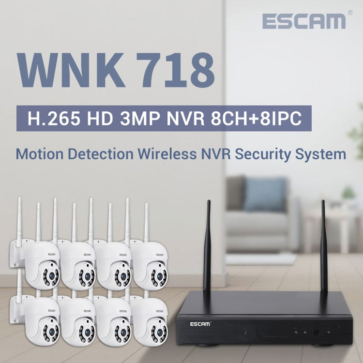 ESCAM WNK718 HD 3.0 Million Pixels 8-channel Wireless + 8IPC Wireless NVR Security System, UK Plug, WNK718