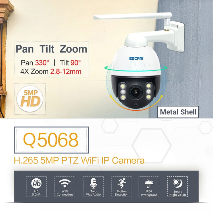 ESCAM Q5068 H.265 5MP Pan / Tilt / 4X Zoom WiFi Waterproof IP Camera, Support ONVIF Two Way Talk & Night Vision, AU Plug, AU Plug, UK Plug, US Plug, EU Plug