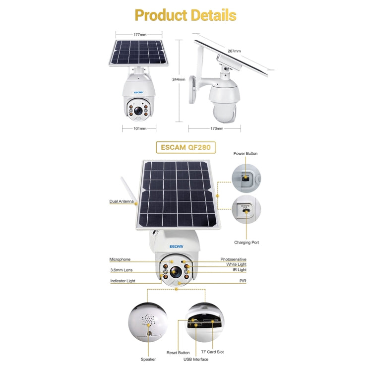 ESCAM QF280 HD 1080P IP66 Waterproof WiFi Solar Panel PT IP Camera without Battery, Support Night Vision / Motion Detection / TF Card / Two Way Audio, without Battery