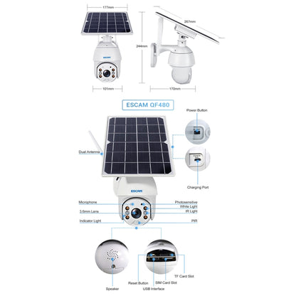 ESCAM QF480 US Version HD 1080P IP66 Waterproof 4G Solar Panel PT IP Camera without Battery, Support Night Vision / Motion Detection / TF Card / Two Way Audio, without Battery(US Version)