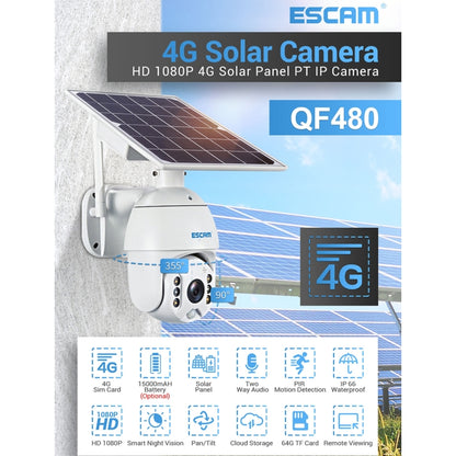 ESCAM QF480 EU Version HD 1080P IP66 Waterproof 4G Solar Panel PT IP Camera without Battery, Support Night Vision / Motion Detection / TF Card / Two Way Audio, without Battery(EU Version)