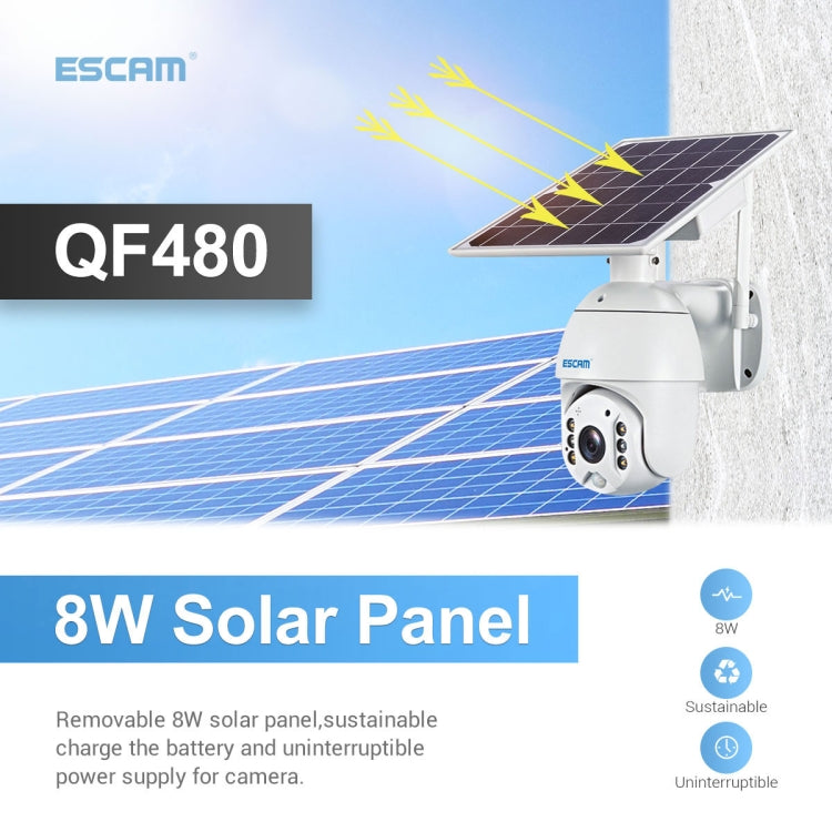 ESCAM QF480 EU Version HD 1080P IP66 Waterproof 4G Solar Panel PT IP Camera without Battery, Support Night Vision / Motion Detection / TF Card / Two Way Audio, without Battery(EU Version)