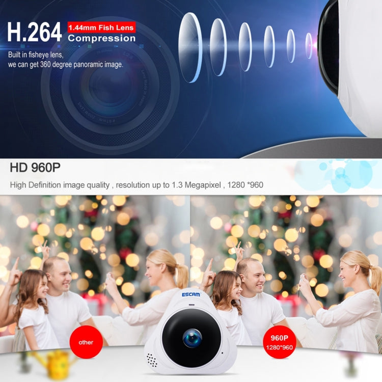 ESCAM Q8 960P 360 Degrees Fisheye Lens 1.3MP WiFi IP Camera, Support Motion Detection / Night Vision, IR Distance: 5-10m, AU Plug, Q8 EU Plug, Q8 UK Plug, Q8 US Plug, Q8  AU Plug