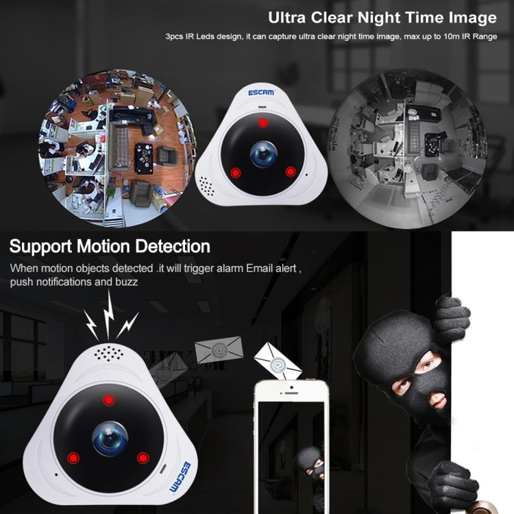 ESCAM Q8 960P 360 Degrees Fisheye Lens 1.3MP WiFi IP Camera, Support Motion Detection / Night Vision, IR Distance: 5-10m, AU Plug, Q8 EU Plug, Q8 UK Plug, Q8 US Plug, Q8  AU Plug