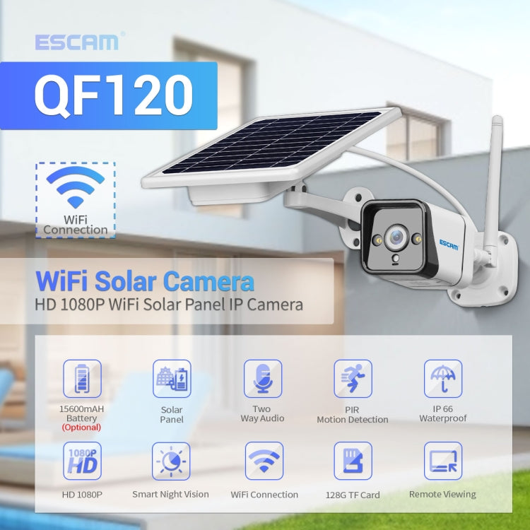 ESCAM QF120 1080P IP66 Waterproof WiFi IP Camera with Solar Panel, Support Night Vision & Motion Detection & Two Way Audio & TF Card, without Battery