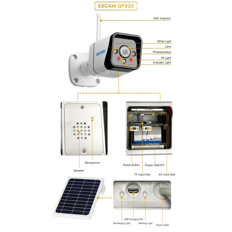 ESCAM QF320 HD 1080P 4G Solar Panel IP Camera, Support Night Vision & TF Card & PIR Motion Detection & Two Way Audio, without Battery