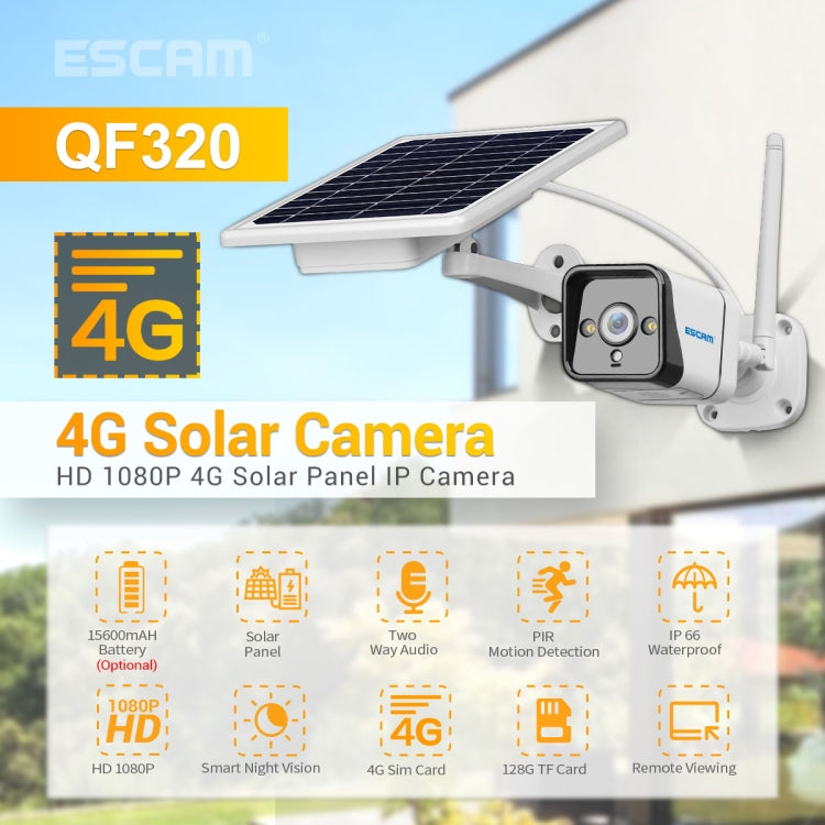 ESCAM QF320 HD 1080P 4G Solar Panel IP Camera, Support Night Vision & TF Card & PIR Motion Detection & Two Way Audio, without Battery