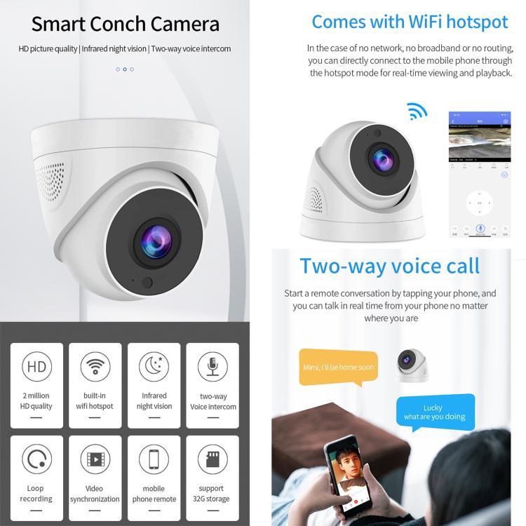 A5 Smart Conch WiFi Camera 1080P HD Night Vision IP Camera, A5 (EU Plug), A5 (US Plug), A5 (AU Plug)