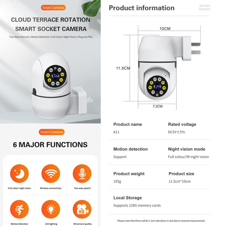 A11 WiFi Smart Home PTZ Webcam IP Camera Night Vision Monitor, A11 (US Plug), A11 (EU Plug)