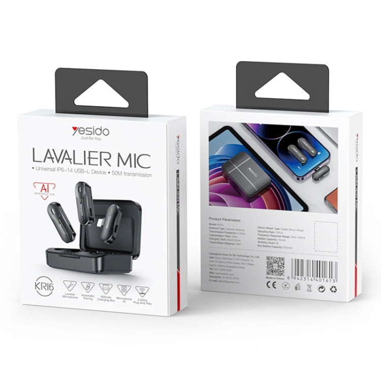 YESIDO KR16 2 in 1 Wireless Lavalier Microphone 8 Pin Receiver with Charging Box, KR16