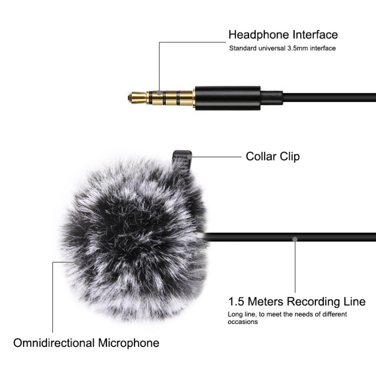 PULUZ 1.5m 3.5mm Jack Lavalier Wired Condenser Recording Microphone, 1.5m 3.5mm Jack