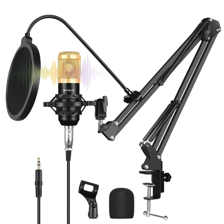 PULUZ Studio Broadcast Professional Singing Microphone Kits with Suspension Scissor Arm & Metal Shock Mount & USB Sound Card, Microphone Kits (Black), Microphone Kits (Gold), Microphone Kits (Silver)