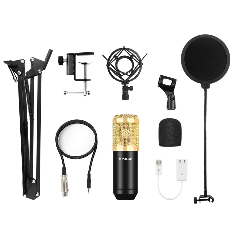 PULUZ Condenser Microphone Studio Broadcast Professional Singing Microphone Kits with Suspension Scissor Arm & Metal Shock Mount & USB Sound Card, Power By 48V, 48V Microphone Kits (Gold)