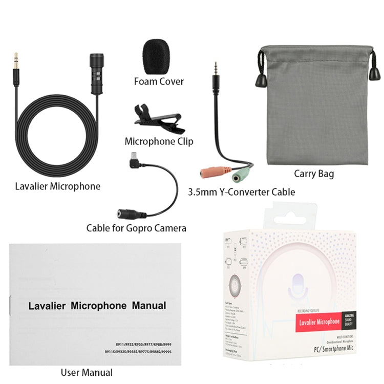 Yanmai R955 Mini Teaching Live Interview Wired Condenser Lavalier Lapel Microphone