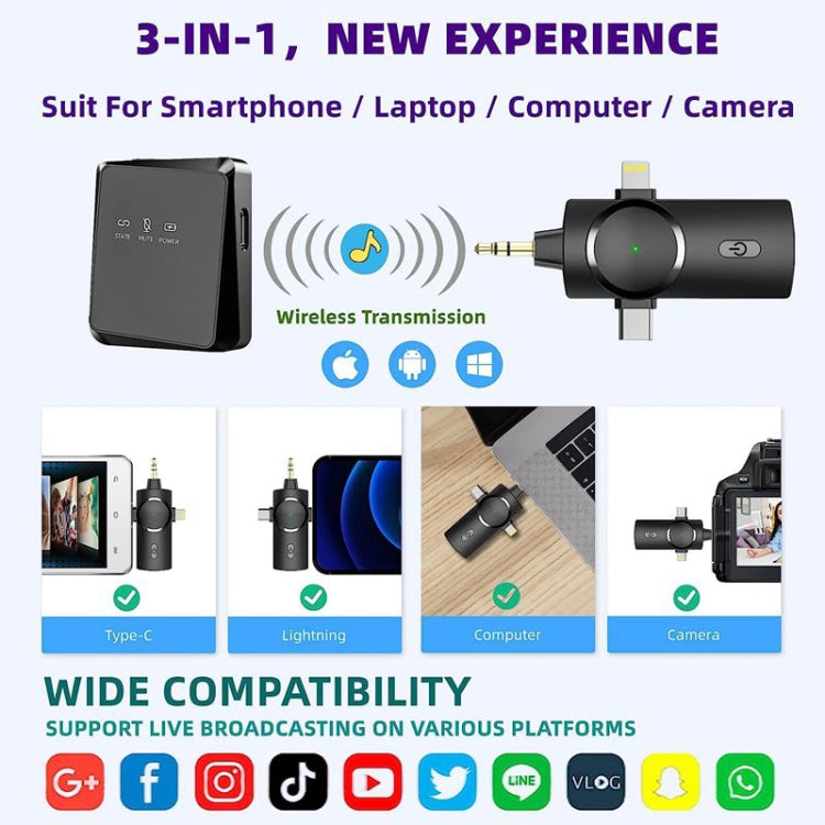 3 in 1 Mini Wireless Lavalier Microphone for iPhone / iPad / Android / PC Camera, One by One, One by Two