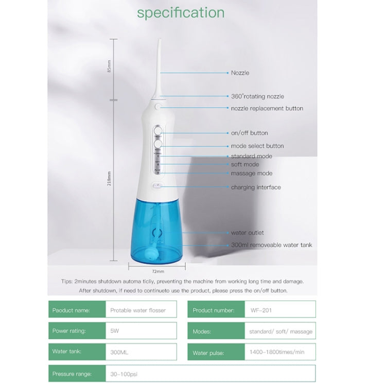 Wireless Water Floss Cleaner Portable 1400mAh USB-Rechargeable Water Flosser IPX7 Waterproof Oral Irrigator, Water Tannk Capacity: 300ML, WF201K-2