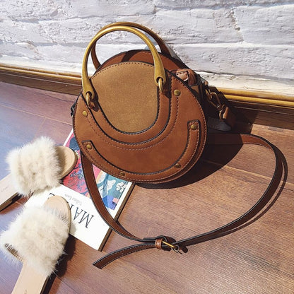 Circular Scrub PU Leather Women Bags Retro Handbag Shoulder Mini Bag