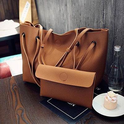 2 in 1 Soft Leather Women Bag Set Luxury Fashion Design Shoulder Bags Big Casual Bags Handbag