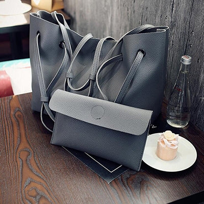 2 in 1 Soft Leather Women Bag Set Luxury Fashion Design Shoulder Bags Big Casual Bags Handbag