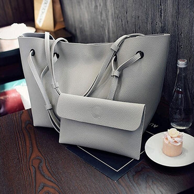 2 in 1 Soft Leather Women Bag Set Luxury Fashion Design Shoulder Bags Big Casual Bags Handbag