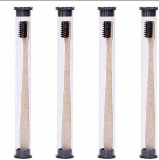 4  PCS /set Wheat Straw Toothbrush Soft-Bristle Toothbrush Bamboo Charcoal Head 18cm PVC Casing Portable Packaging Travel Toothbrush, Beige, Blue, Pink, Green