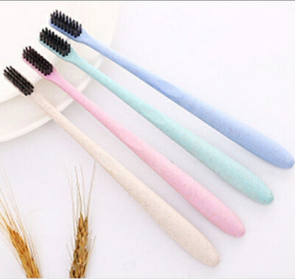 4  PCS /set Wheat Straw Toothbrush Soft-Bristle Toothbrush Bamboo Charcoal Head 18cm PVC Casing Portable Packaging Travel Toothbrush, Beige, Blue, Pink, Green