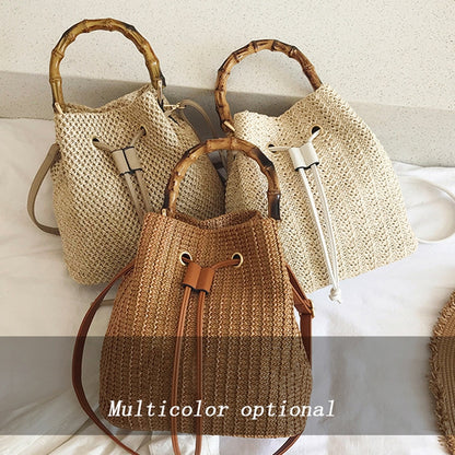 88991 Straw Handbag Shoulder Messenger Bag Bamboo Bucket Bag