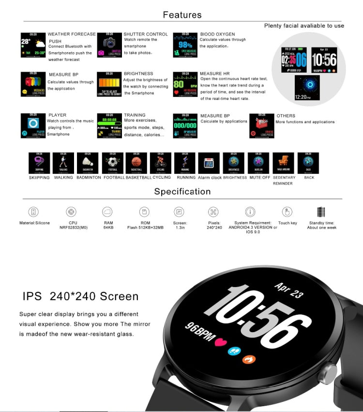 V11 Smartwatch Real-time Heart Rate Blood Pressure Monitor Multi-sport mode Breathing Light Smart Watch for Android IOS Phone