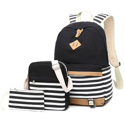 3 PCS/Set Canvas Leisure Backpack Large Capacity Printed School Bag, Green, Black, Navy Blue, Pink, Grey