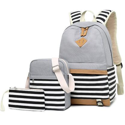 3 PCS/Set Canvas Leisure Backpack Large Capacity Printed School Bag, Green, Black, Navy Blue, Pink, Grey