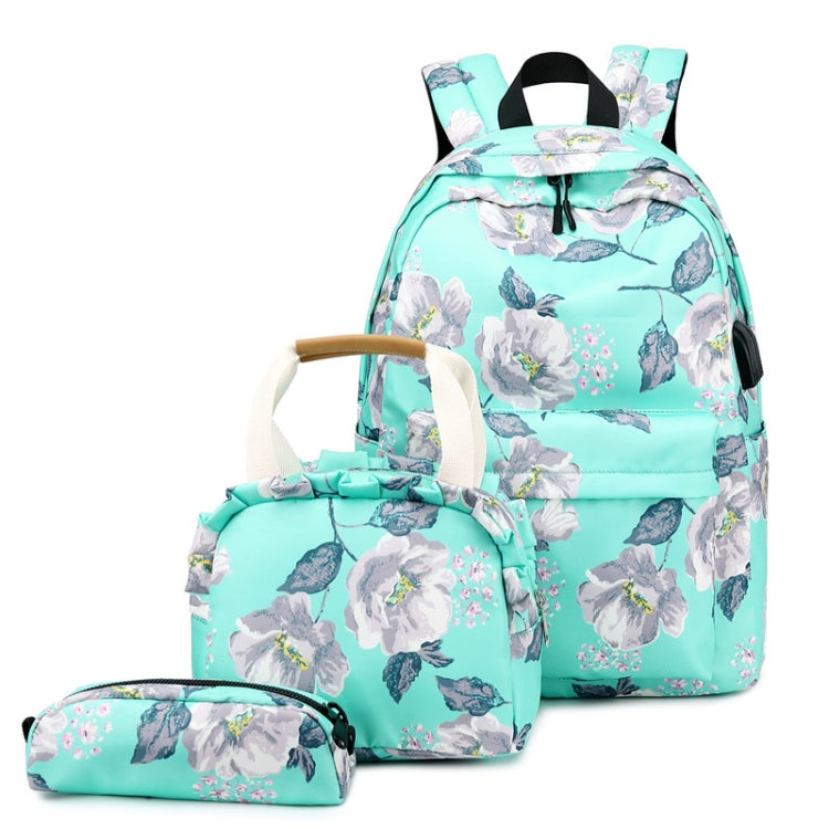 1909-1 3 PCS/Set Printed Backpack Small Fresh Student School Bag Computer Bag Lunch Backpack, Green, Black, Dark Blue, Pink