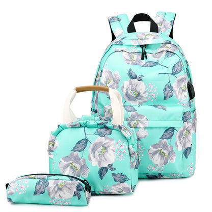 1909-1 3 PCS/Set Printed Backpack Small Fresh Student School Bag Computer Bag Lunch Backpack, Green, Black, Dark Blue, Pink