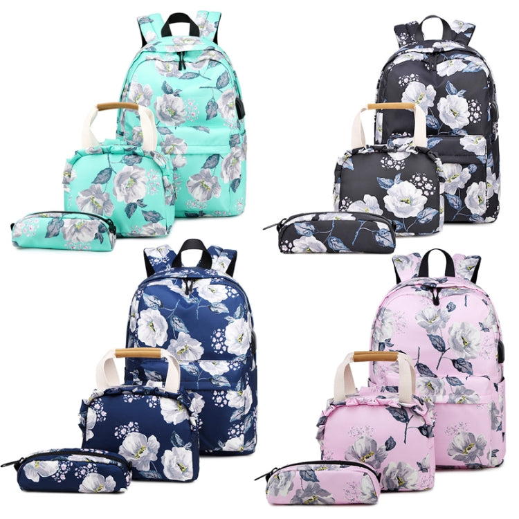 1909-1 3 PCS/Set Printed Backpack Small Fresh Student School Bag Computer Bag Lunch Backpack, Green, Black, Dark Blue, Pink