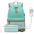 2 PCS/Set Printed Canvas Backpack Student School Bag Striped Large Capacity Backpack, Green, Black, Dark Blue, Pink, Grey