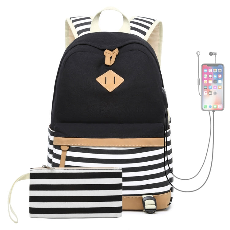 2 PCS/Set Printed Canvas Backpack Student School Bag Striped Large Capacity Backpack, Green, Black, Dark Blue, Pink, Grey