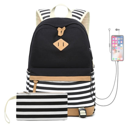 2 PCS/Set Printed Canvas Backpack Student School Bag Striped Large Capacity Backpack, Green, Black, Dark Blue, Pink, Grey