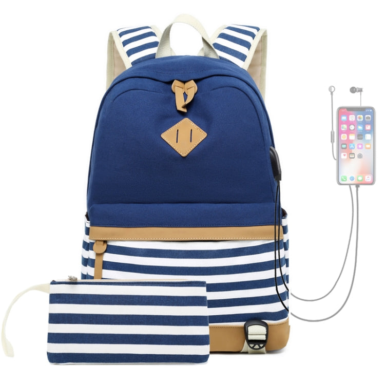 2 PCS/Set Printed Canvas Backpack Student School Bag Striped Large Capacity Backpack, Green, Black, Dark Blue, Pink, Grey