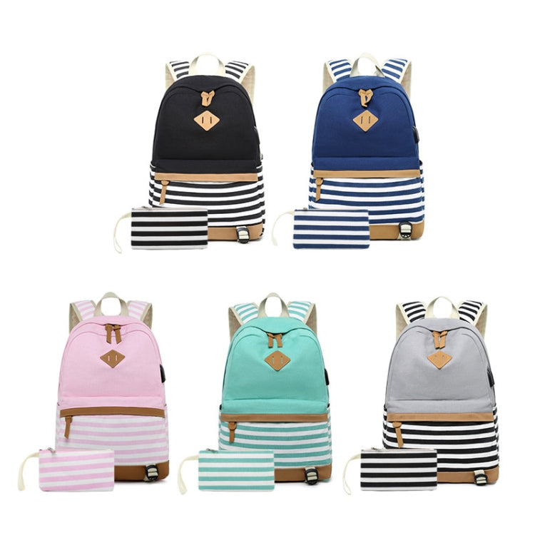 2 PCS/Set Printed Canvas Backpack Student School Bag Striped Large Capacity Backpack, Green, Black, Dark Blue, Pink, Grey