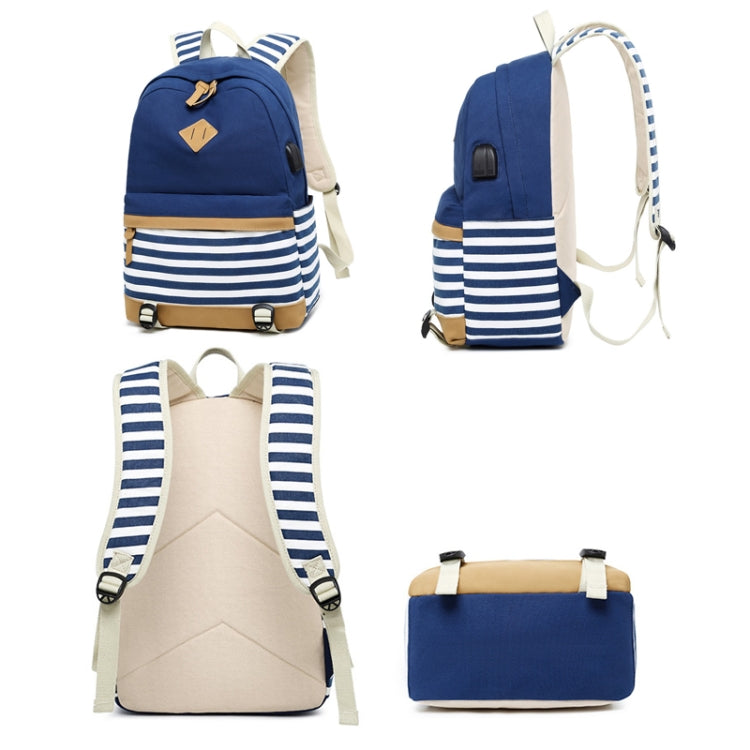 2 PCS/Set Printed Canvas Backpack Student School Bag Striped Large Capacity Backpack, Green, Black, Dark Blue, Pink, Grey